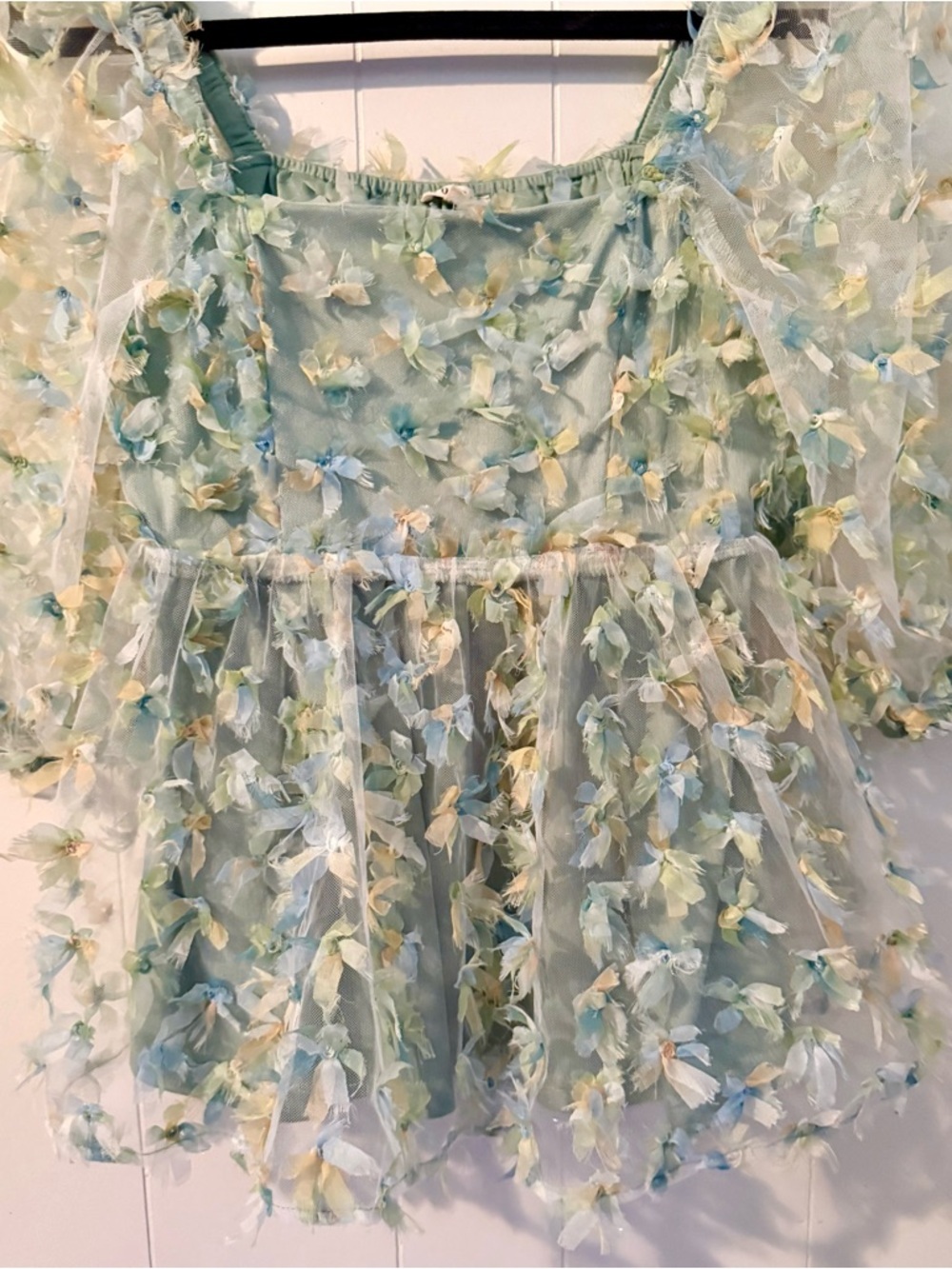 JODIFL Women’s Sheer Dramatic Puff Sleeve Babydoll Fairy Whimsy Green, Size S - Picture 3 of 9